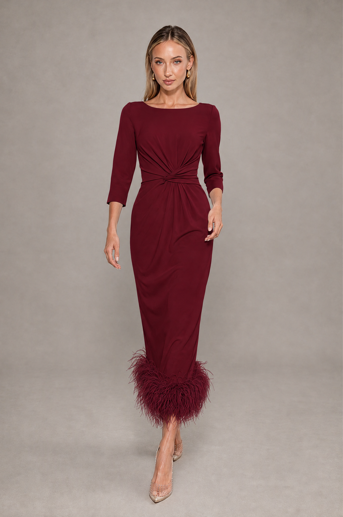 BOLODOO Burgundy Feather-Trim Twist-Waist Midi Dress - Burgundy - Burgundy_3