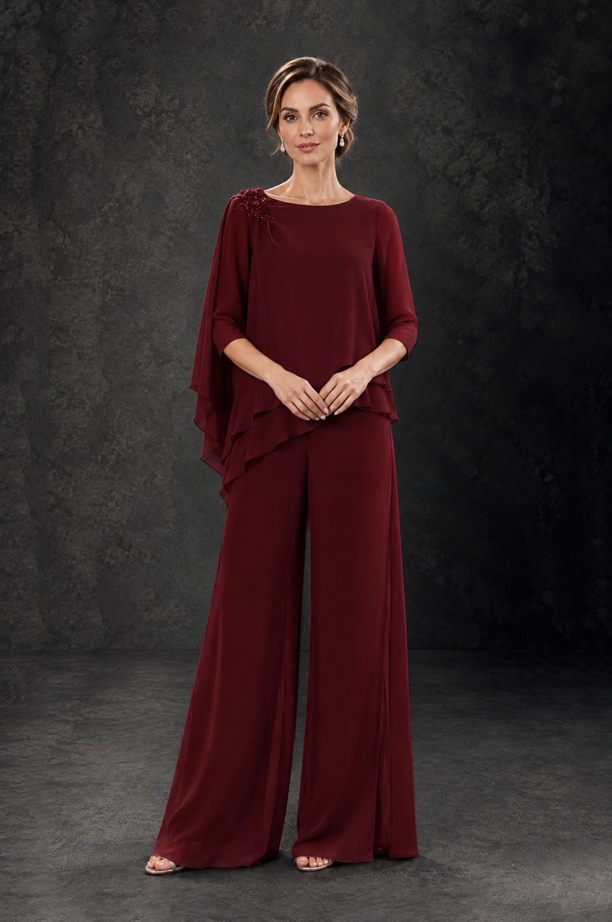 BOLODOO Burgundy Layered Wide-Leg Mother of the Bride Pant Suit - Burgundy - Burgundy_3