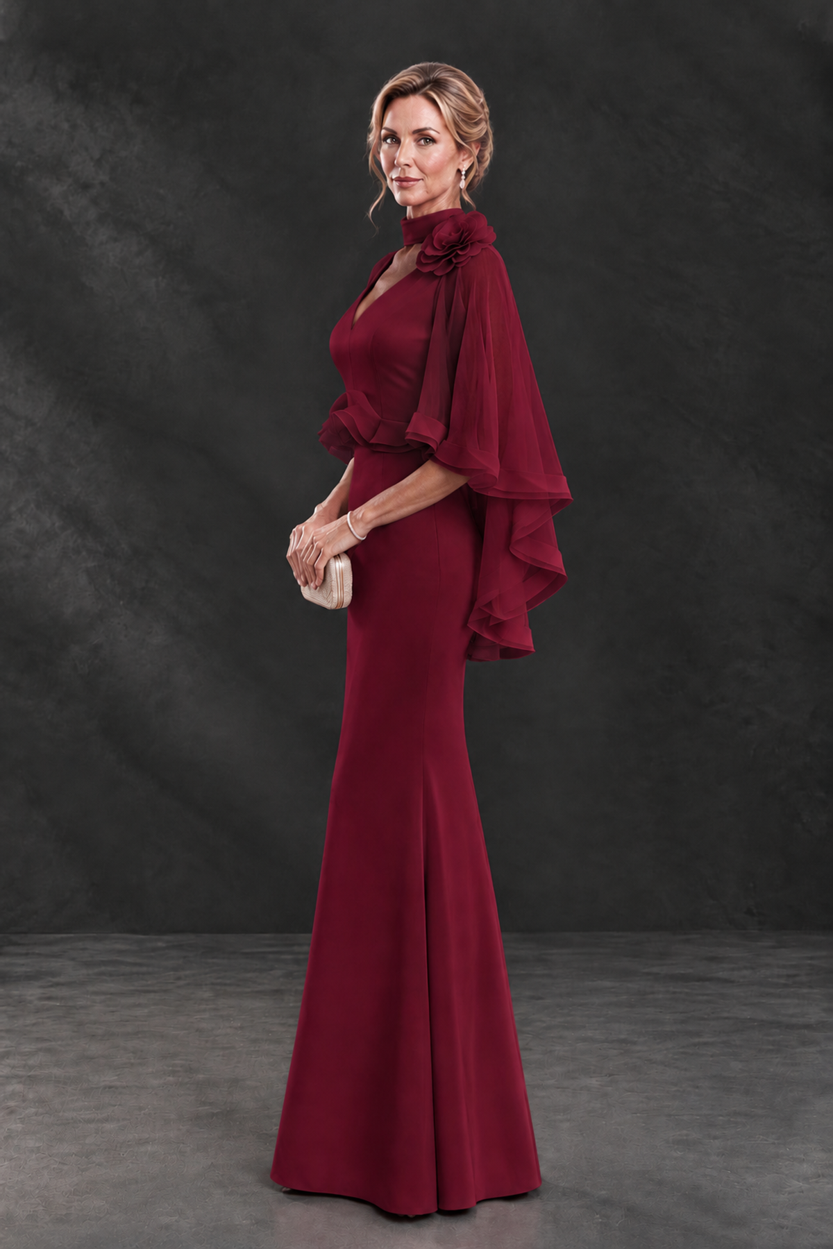 BOLODOO Burgundy Floral Cape Sleeve Mother of the Bride Dress - Burgundy - Burgundy_3