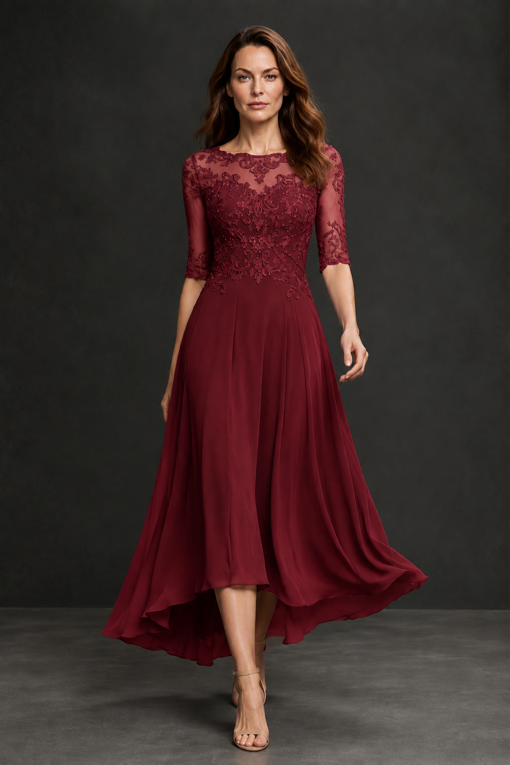 BOLODOO Burgundy Illusion Lace 3/4 Sleeve Hi-Lo Chiffon A-Line Dress | Mother of the Bride Tea Length Dress - Burgundy