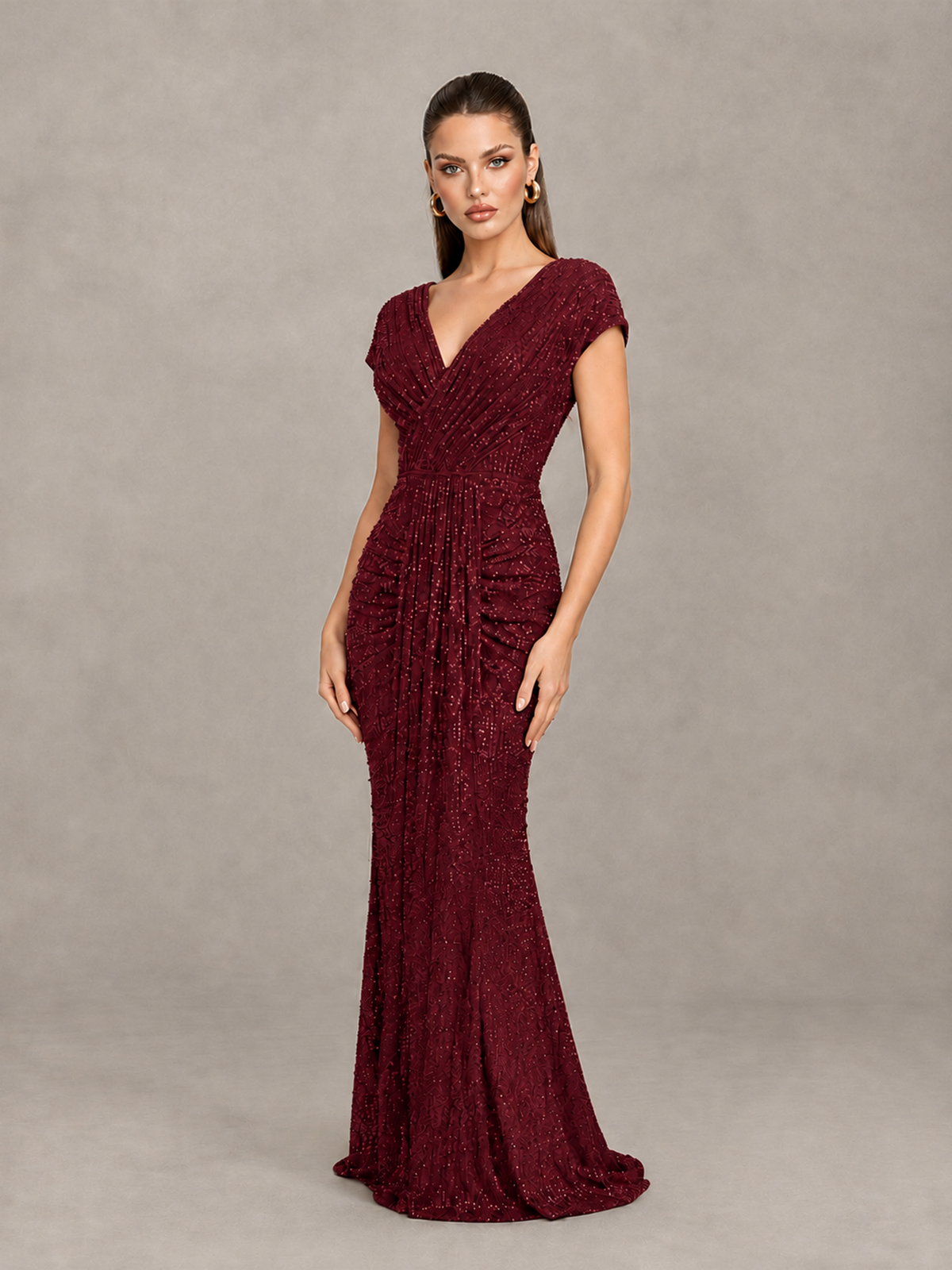BOLODOO Burgundy Glitter V-Neck Cap Sleeve Ruched Mermaid Evening Gown - Burgundy - Burgundy_3