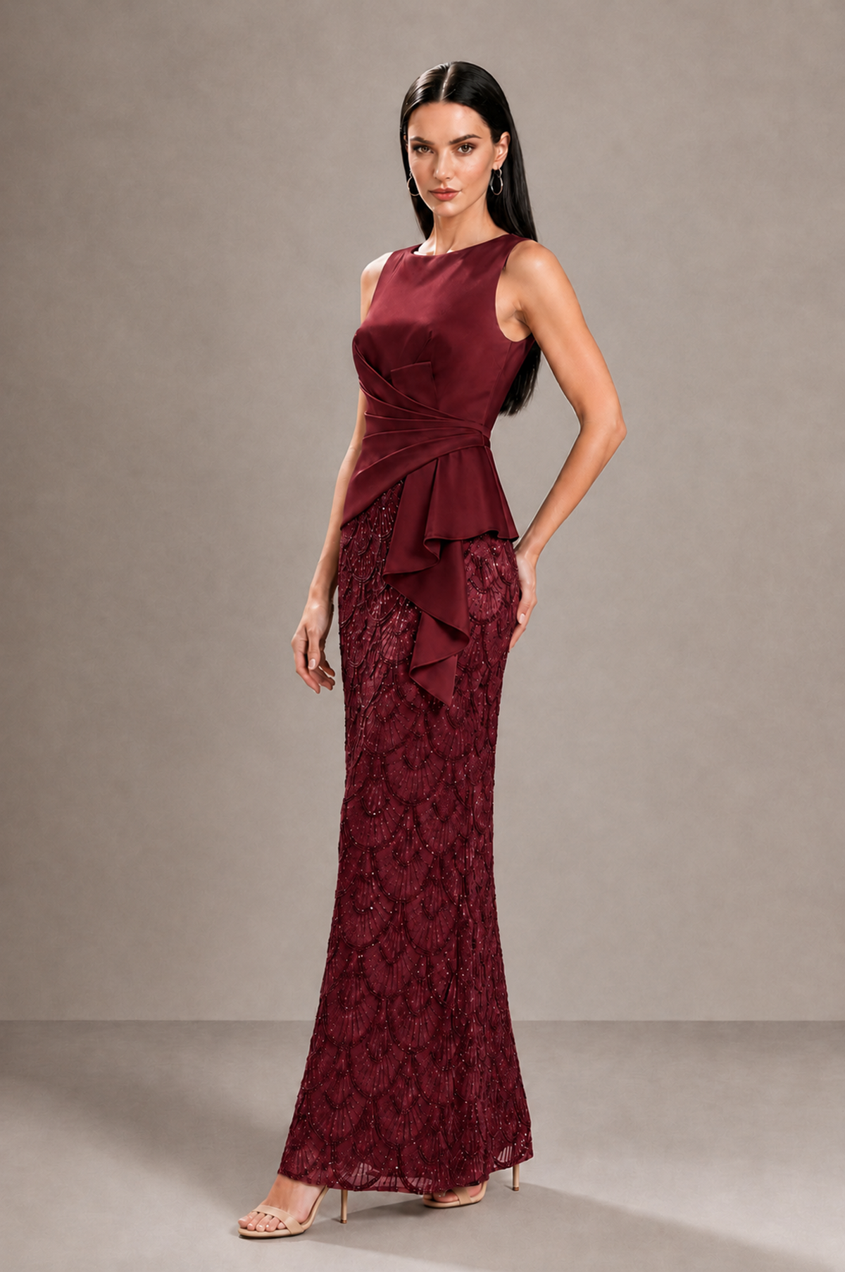 BOLODOO Burgundy Sleeveless Satin & Lace Peplum Evening Dress - Burgundy - Burgundy_3