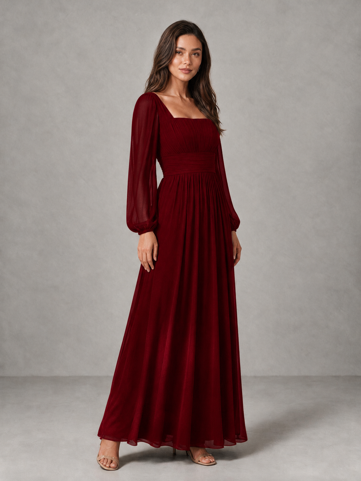 BOLODOO Burgundy Square Neck Long Sleeve Chiffon Bridesmaid Dress - Burgundy - Burgundy_3