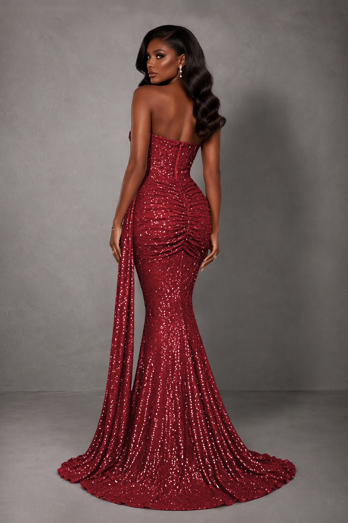 BOLODOO Burgundy Sequin Strapless Corset Mermaid Evening Gown with Train - Burgundy