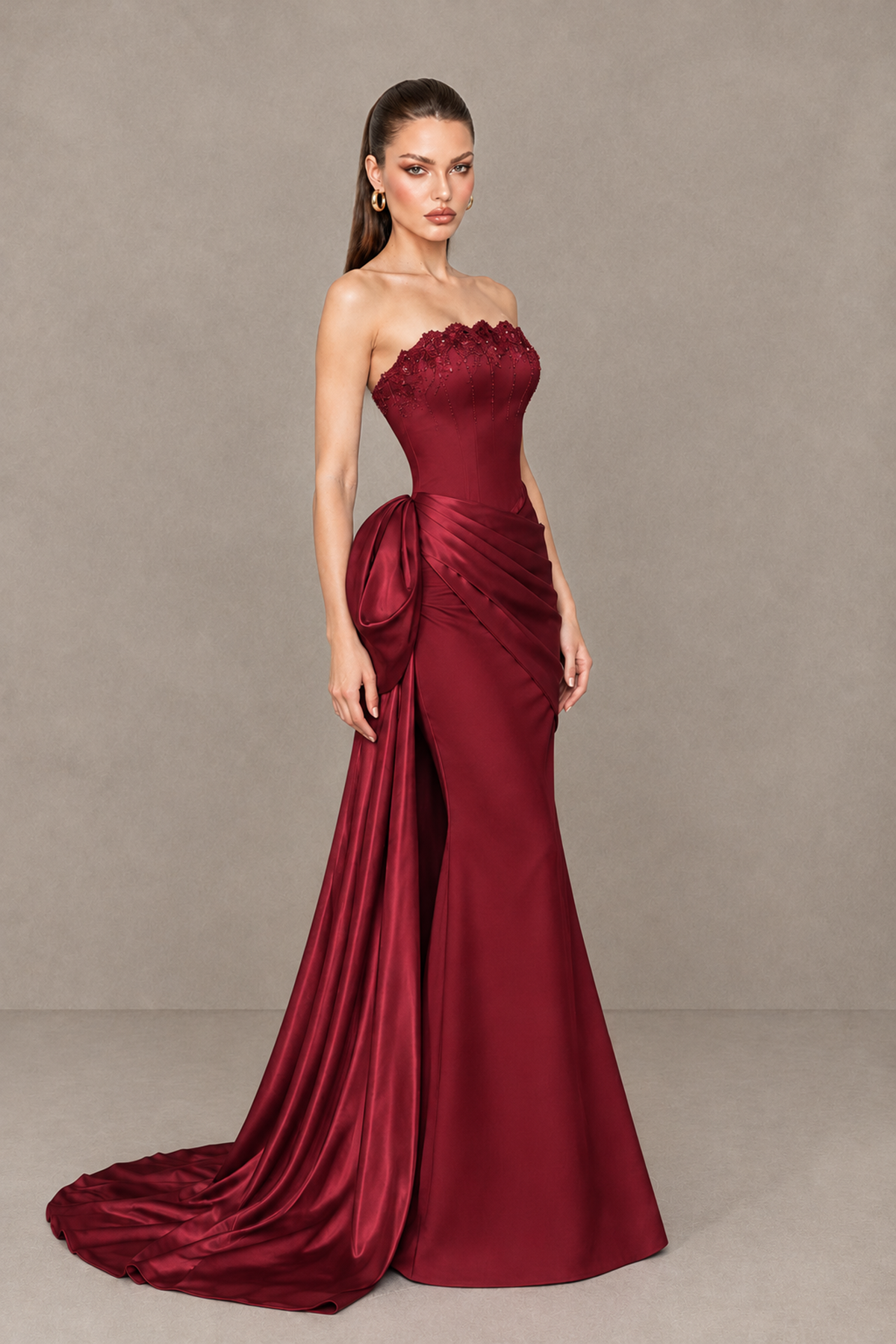 BOLODOO Burgundy Strapless Satin Prom Dress with Draped Side Train - Burgundy - Burgundy_3