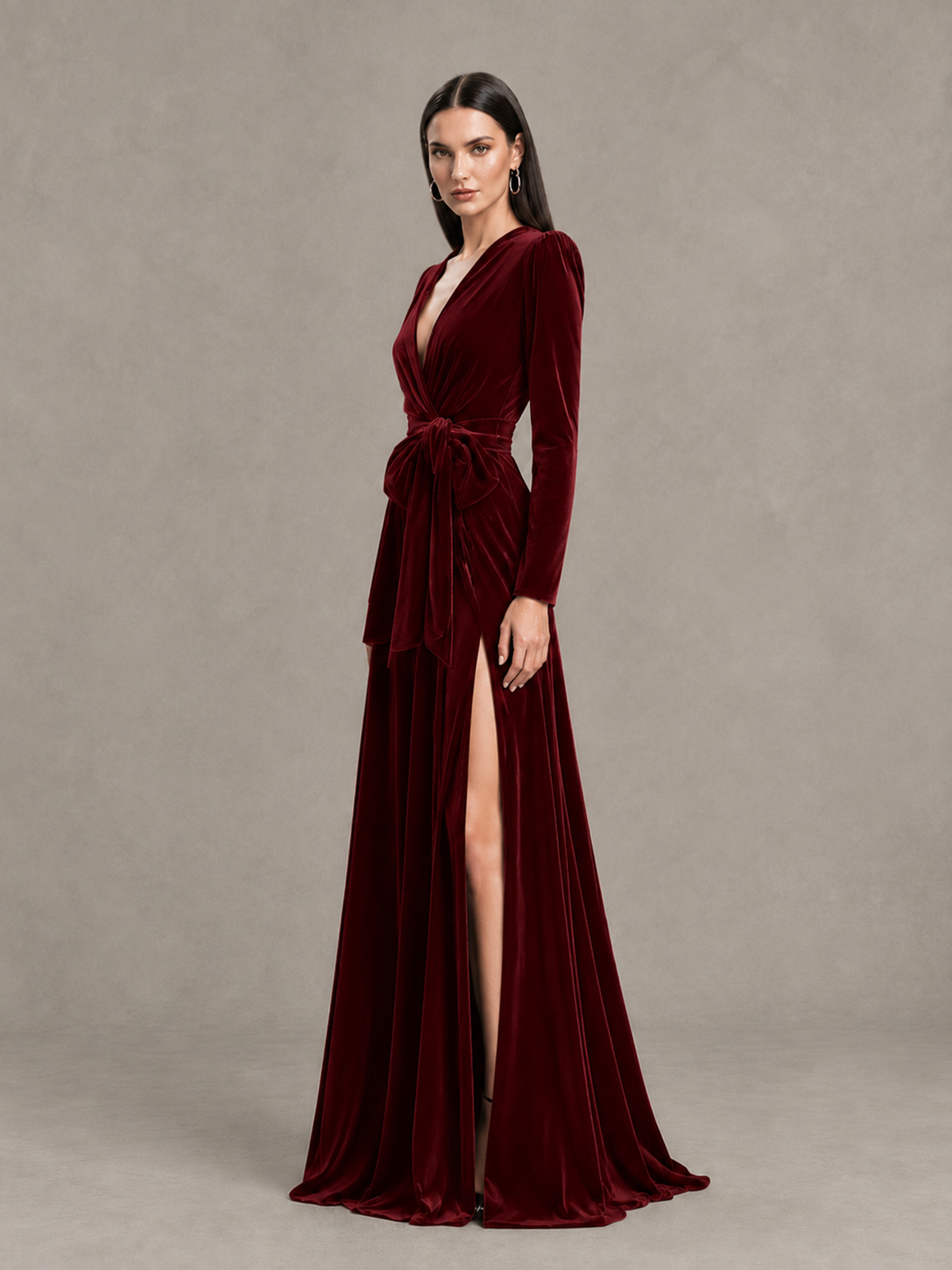 BOLODOO Burgundy Long Sleeve Velvet-Look Evening Dress with High Slit - Burgundy - Burgundy_3