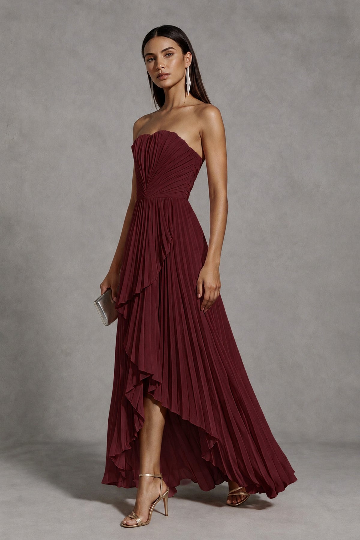 Burgundy Strapless Pleated High-Low Evening Gown with Ruffle Hem - Burgundy