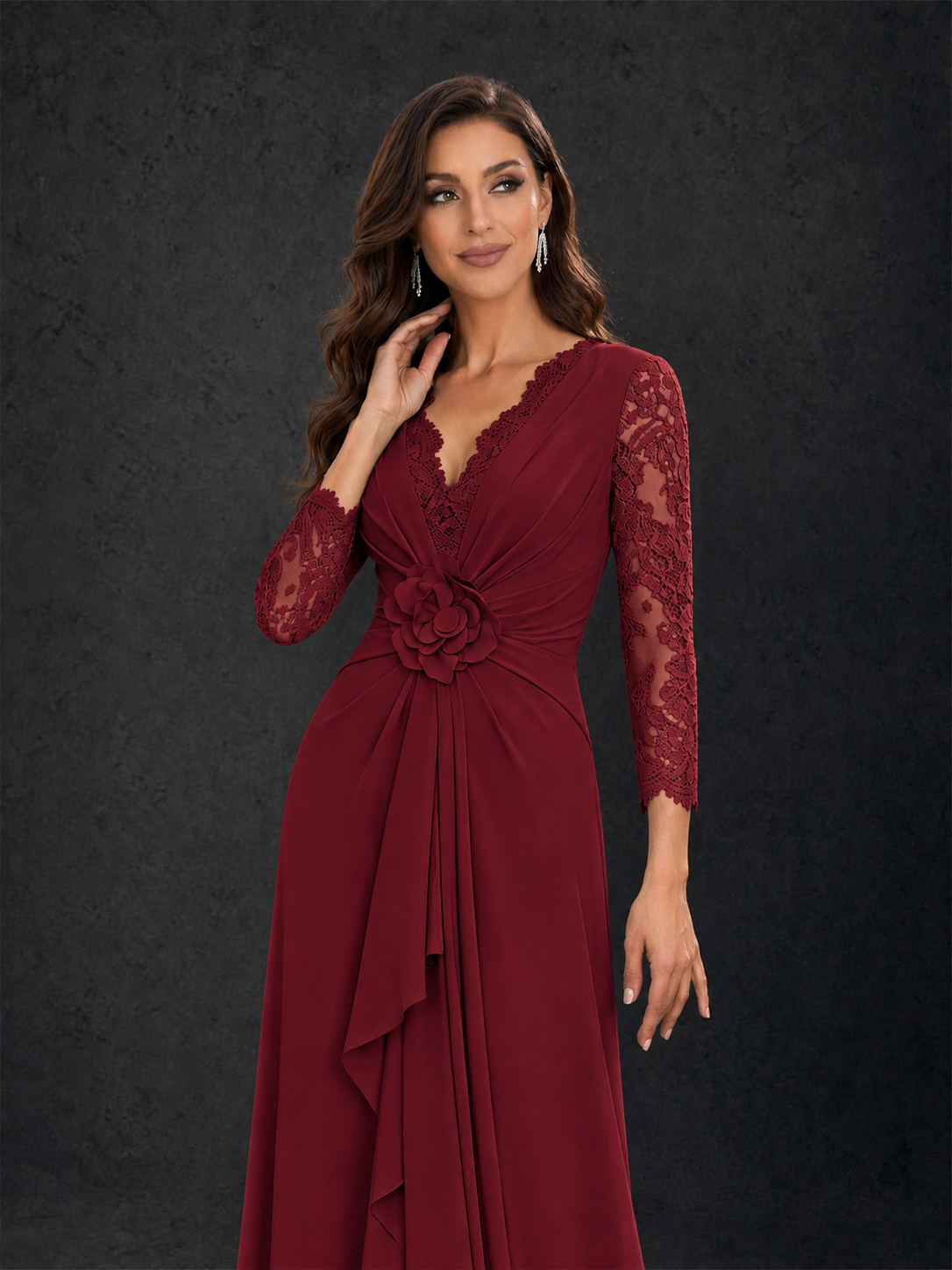 BOLODOO Burgundy Lace Sleeve V-Neck Floral Waist Chiffon A-Line Maxi Dress - Burgundy