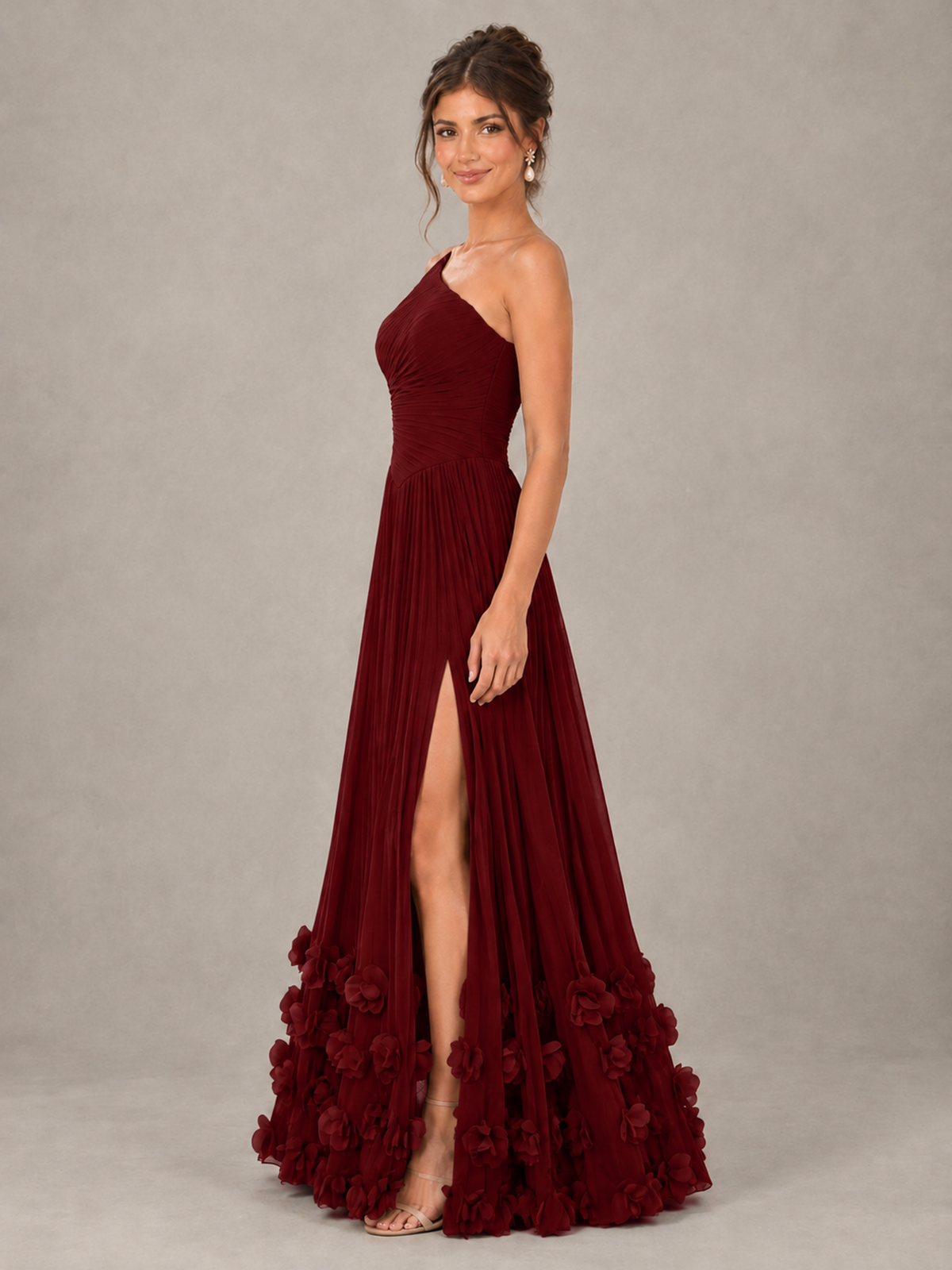 BOLODOO Burgundy One-Shoulder Pleated Bridesmaid Dress with 3D Floral Hem - Burgundy - Burgundy_3