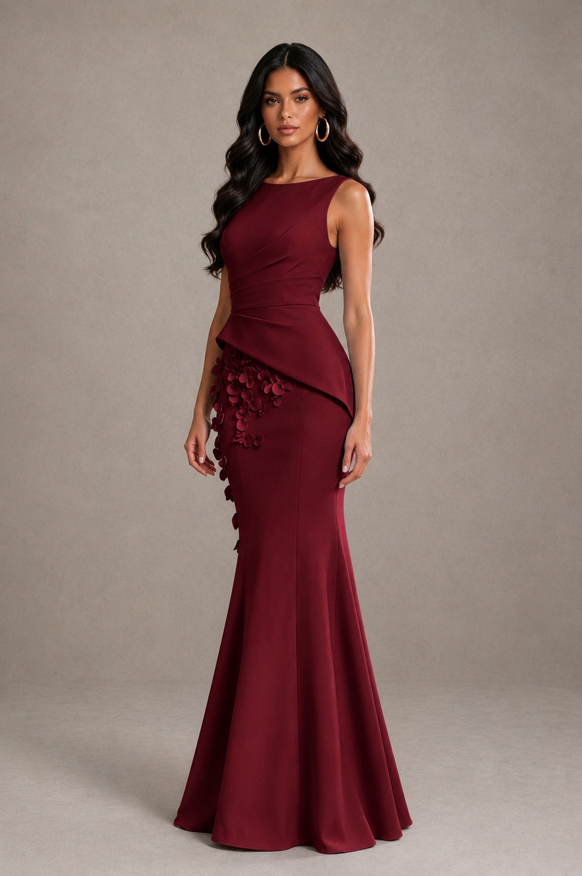 BOLODOO Burgundy Bateau Neck Sleeveless Asymmetric Peplum 3D Petal Appliqué Mermaid Gown BD0421 - Burgundy - Burgundy_3