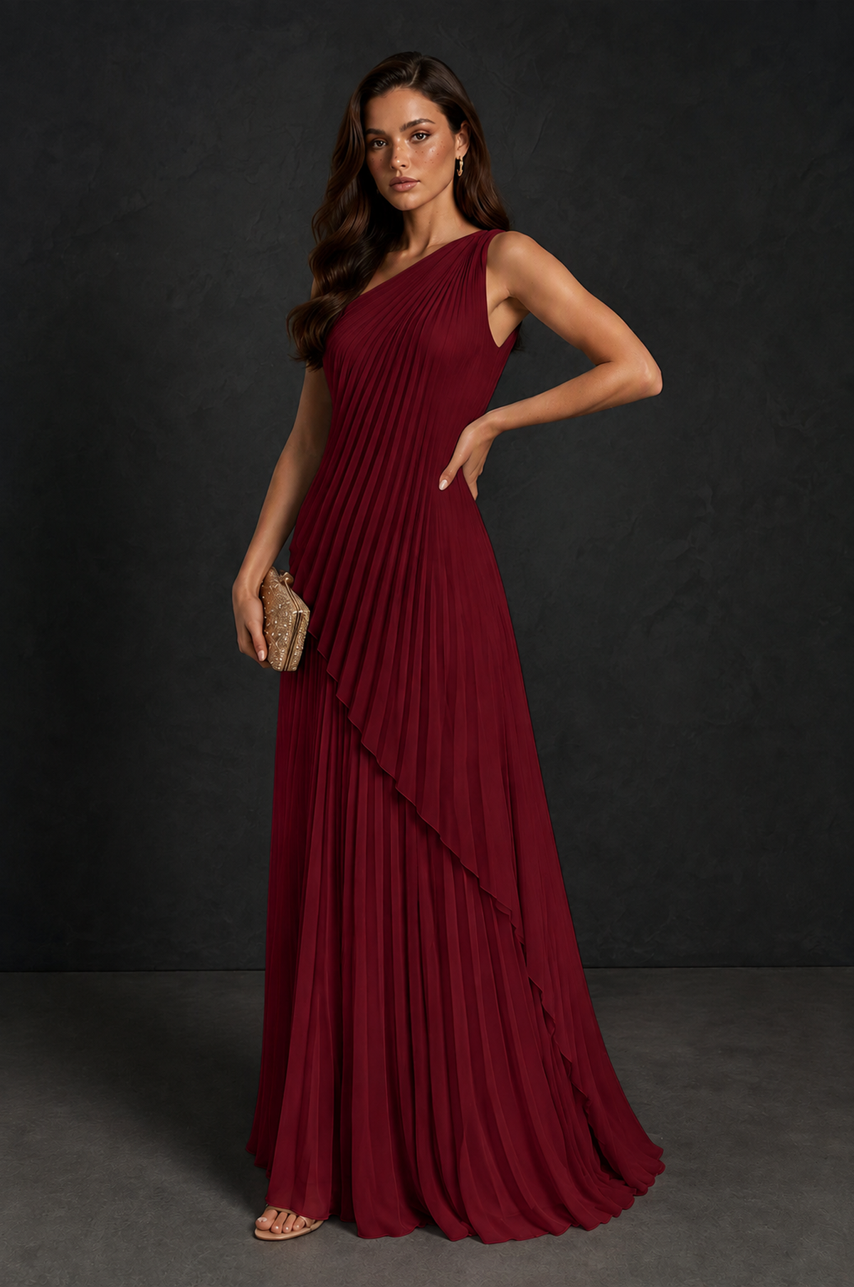 BOLODOO Burgundy One-Shoulder Sunburst Pleated Asymmetric Layered Overlay Accordion Pleated Chiffon Maxi Dress - Burgundy