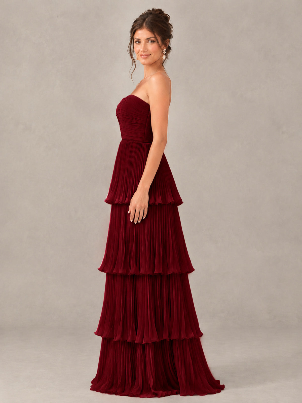 BOLODOO Burgundy Strapless Tiered Pleated Bridesmaid Dress - Burgundy - Burgundy_3