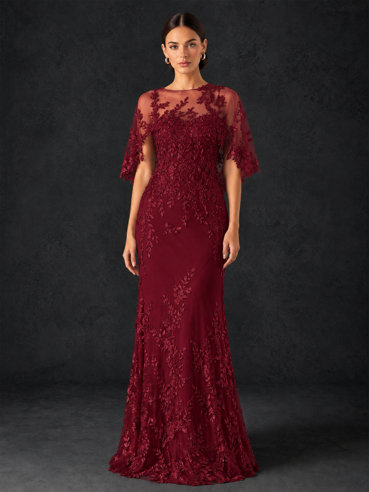 BOLODOO Mocha Burgundy Botanical Lace Flutter Sleeve Mermaid Gown - Burgundy