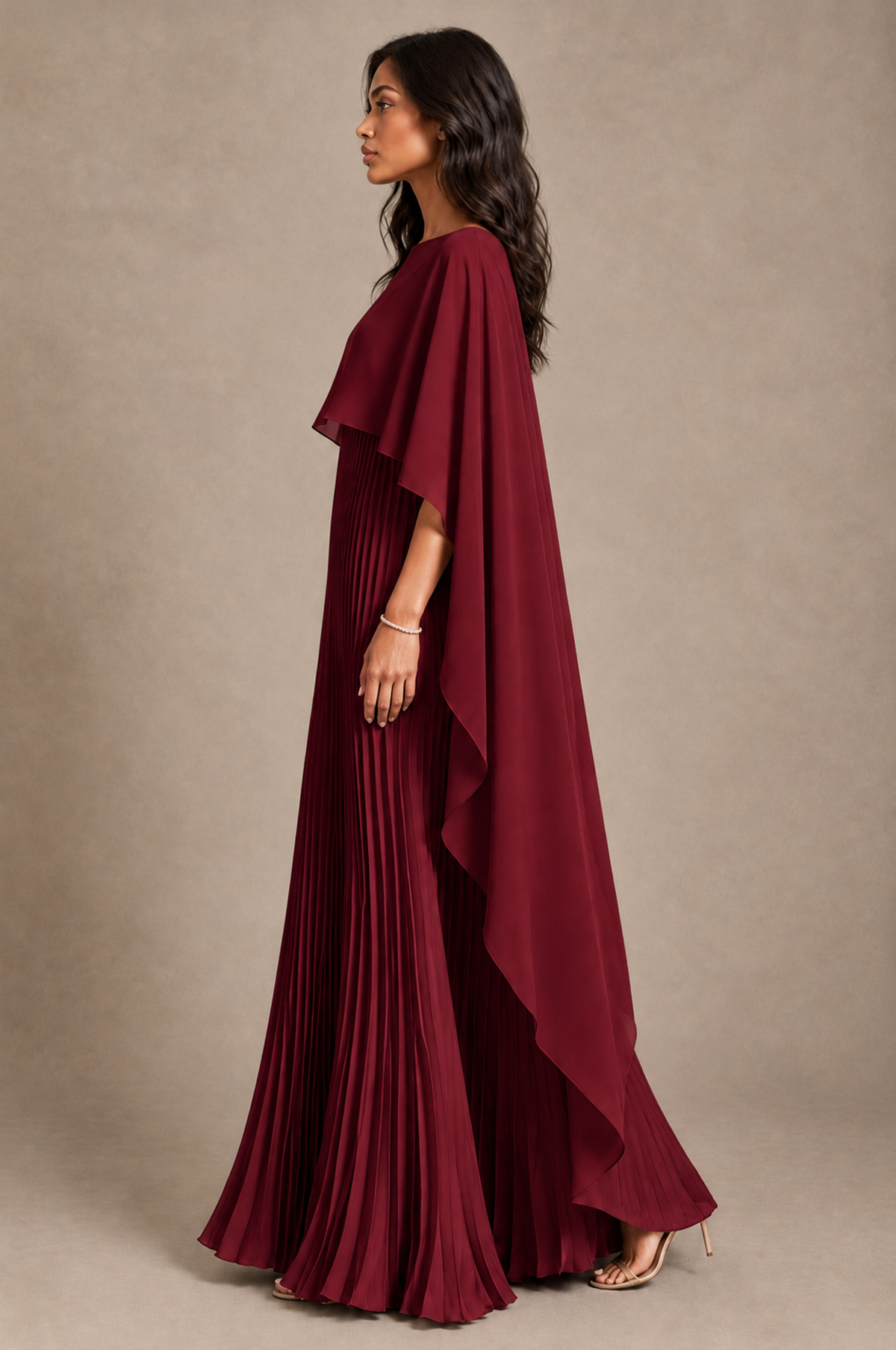 BOLODOO Burgundy Pleated Cape A-Line Evening Dress - Burgundy - Burgundy_3