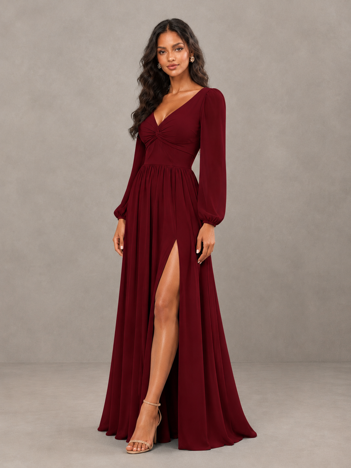 BOLODOO Burgundy V-Neck Long Sleeve Bridesmaid Dress with Tie Back and Slit - Burgundy - Burgundy_3