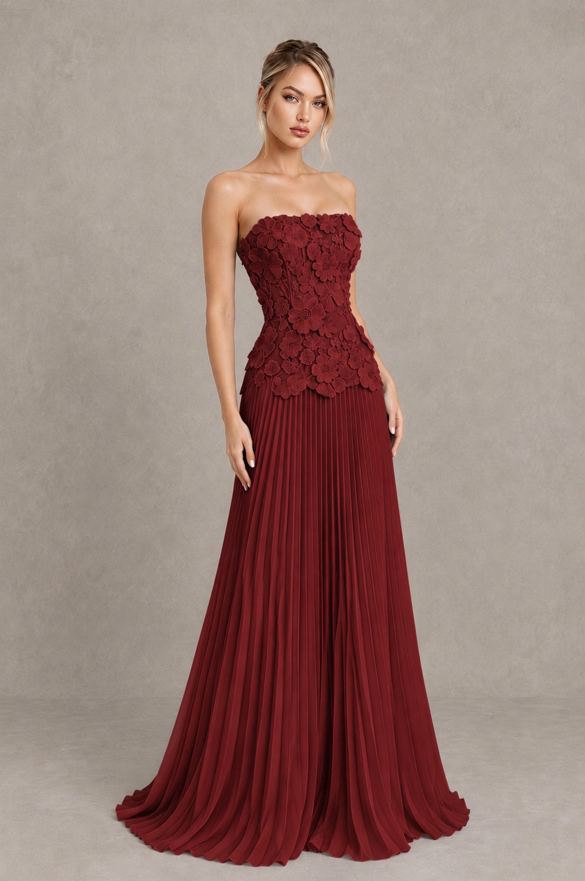 BOLODOO Burgundy Strapless Floral Applique Pleated Evening Dress - Burgundy - Burgundy_3