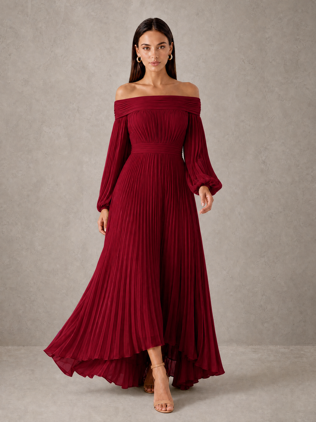 BOLODOO Burgundy Off-Shoulder Long Sleeve Pleated High-Low Dress - Burgundy - Burgundy_3