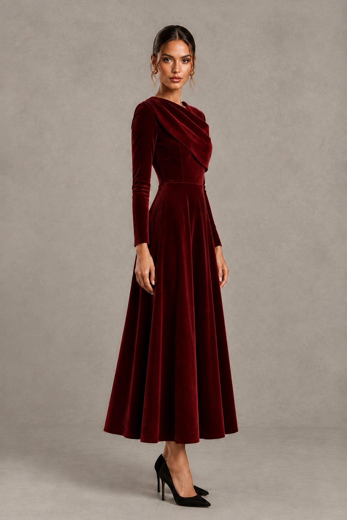 BOLODOO Burgundy Velvet-Look Long Sleeve Tea-Length A-Line Dress with Draped Neckline - Burgundy - Burgundy_3