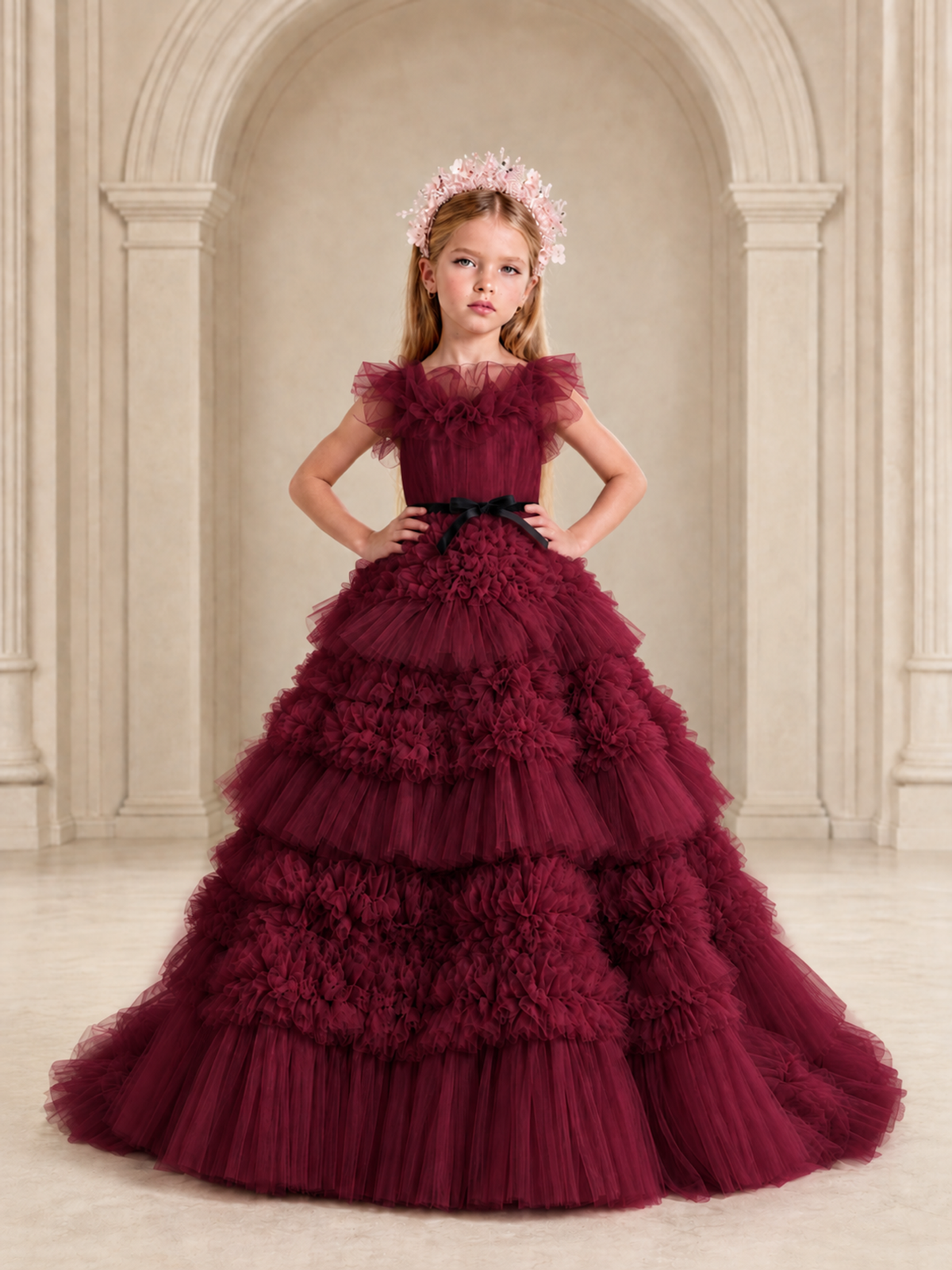 BOLODOO Burgundy Tiered Tulle Flower Girl Dress with Floral Appliques - Burgundy - Burgundy_3