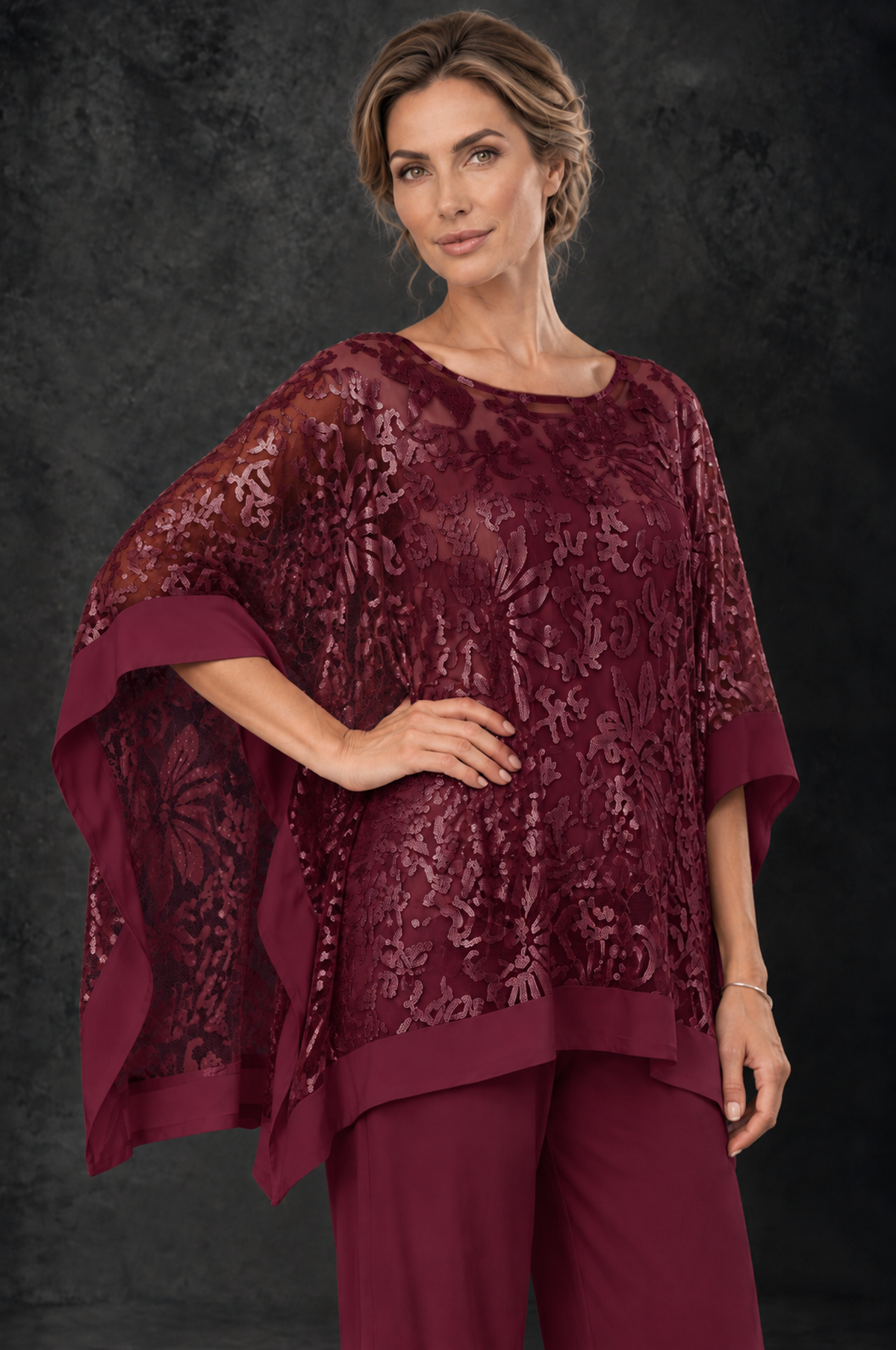 BOLODOO Burgundy Floral Cape Mother of the Bride Pant Suit - Burgundy - Burgundy_3