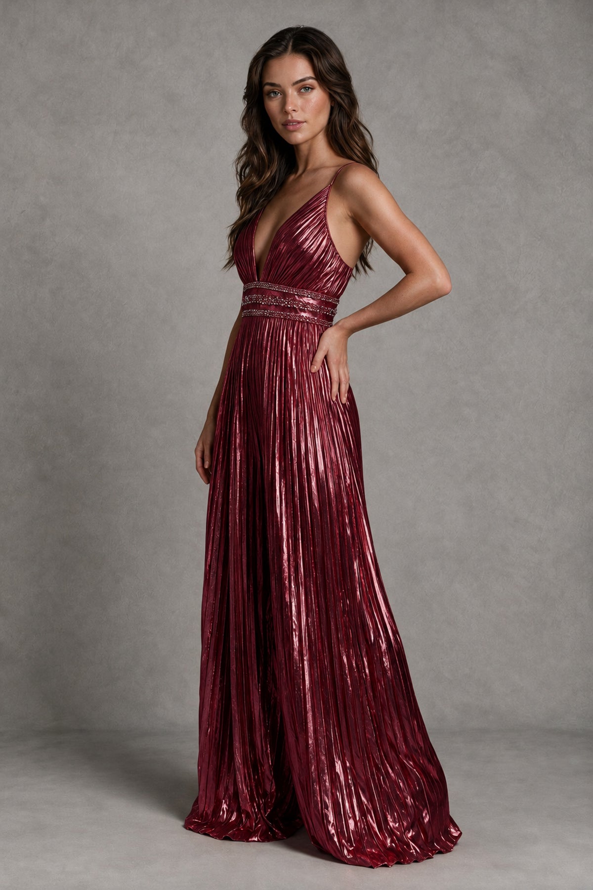 BOLODOO Burgundy Pleated Wide-Leg Jumpsuit with Open Back - Burgundy
