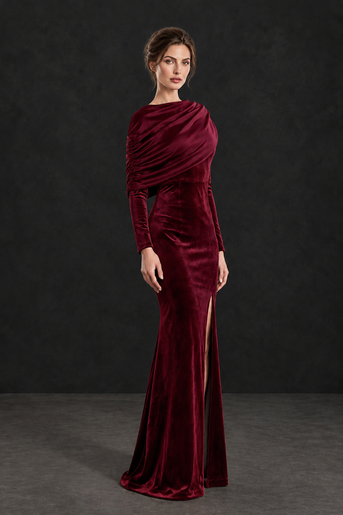 BOLODOO Burgundy Velvet Long Sleeve Draped Mother of the Bride Dress - Burgundy - Burgundy_3