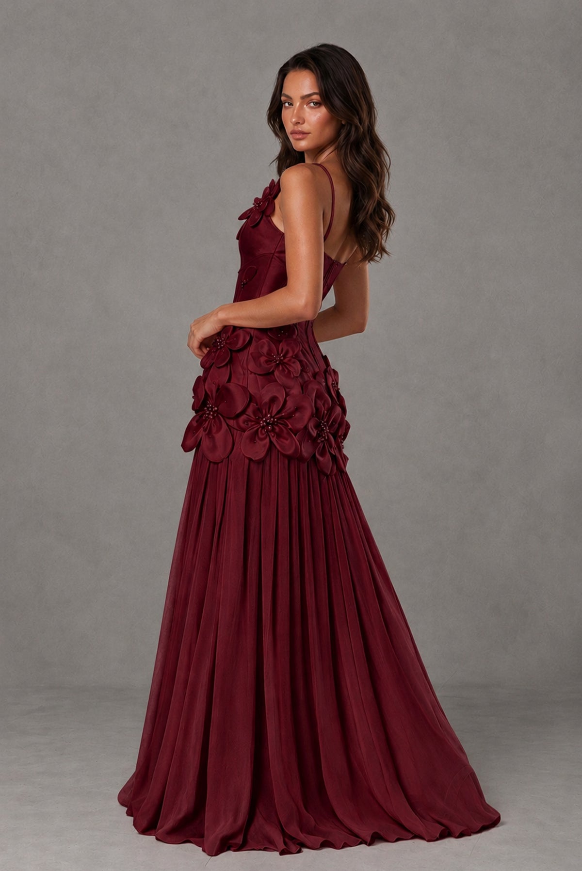BOLODOO Burgundy 3D Floral Appliqué Floor-Length A-Line Evening Gown - Burgundy
