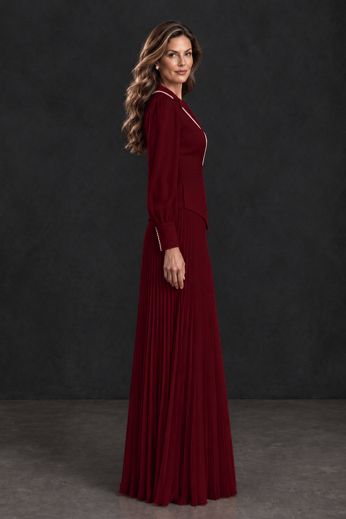 BOLODOO Burgundy Long Sleeve Pleated Mother of the Bride Dress - Burgundy - Burgundy_3
