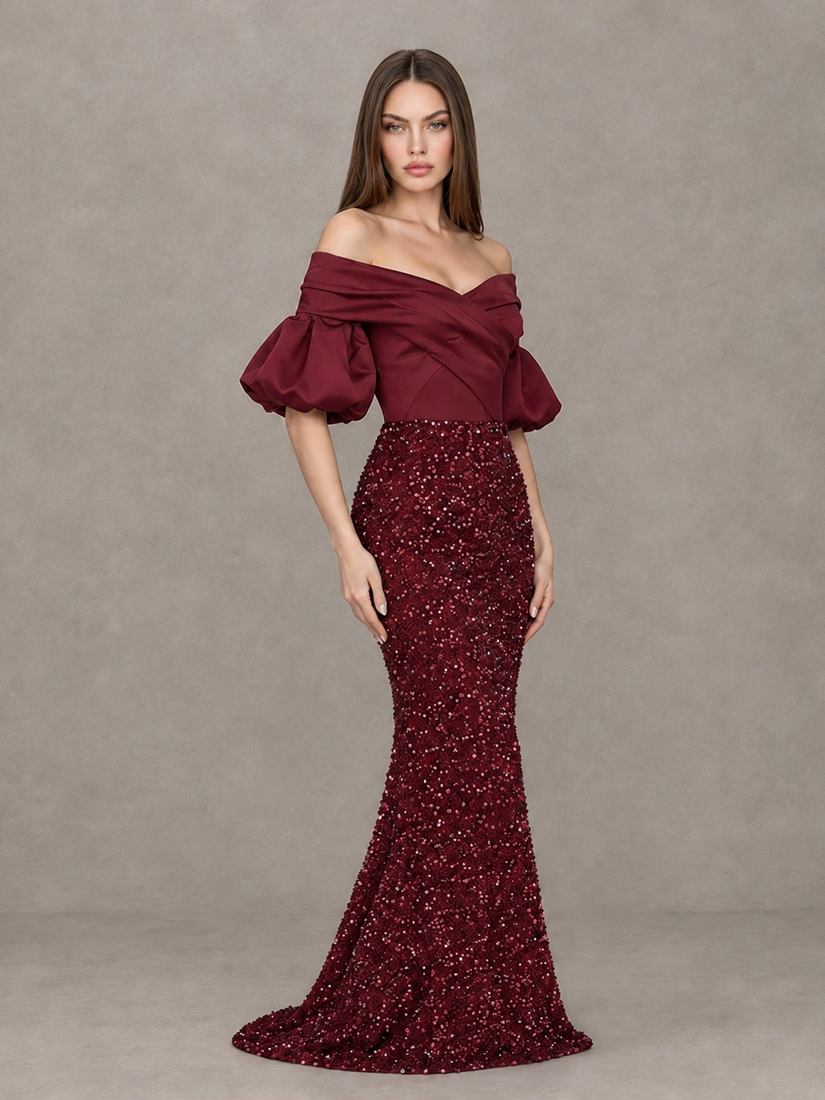 BOLODOO Burgundy Off-Shoulder Puff Sleeve Sequin Mermaid Evening Dress - Burgundy - Burgundy_3