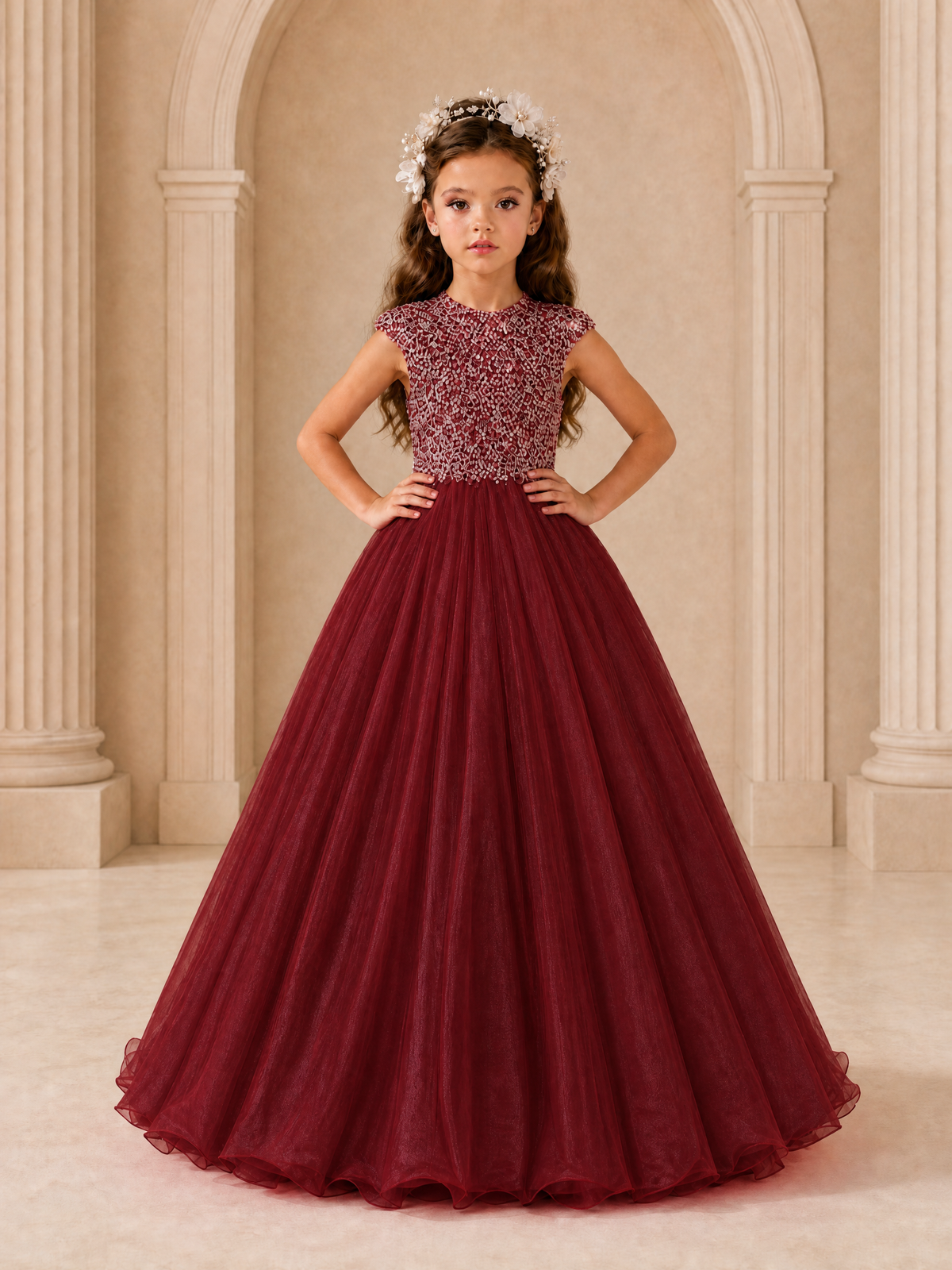 BOLODOO Burgundy Sequin Tulle Flower Girl Dress with Cap Sleeves - Burgundy - Burgundy_3