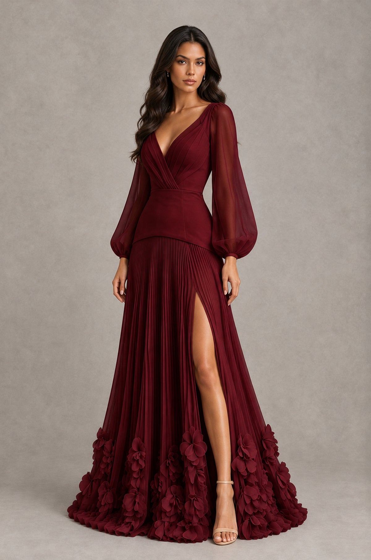 BOLODOO Burgundy V-Neck Long Sleeve Pleated Floral Hem Evening Dress - Burgundy - Burgundy_3