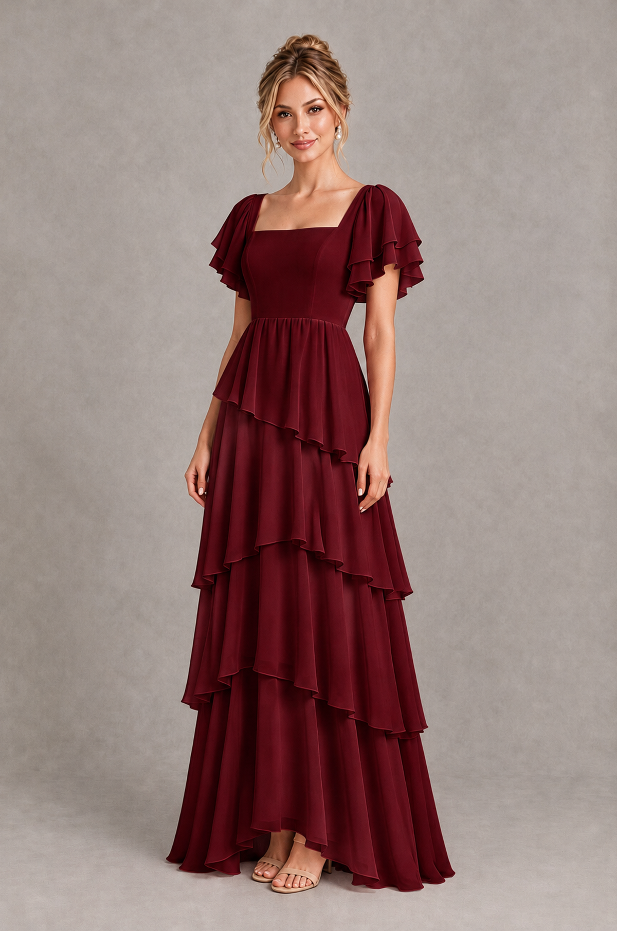 BOLODOO Burgundy Square Neck Flutter Sleeve Tiered Chiffon Bridesmaid Dress with Lace-Up Back - Burgundy - Burgundy_3
