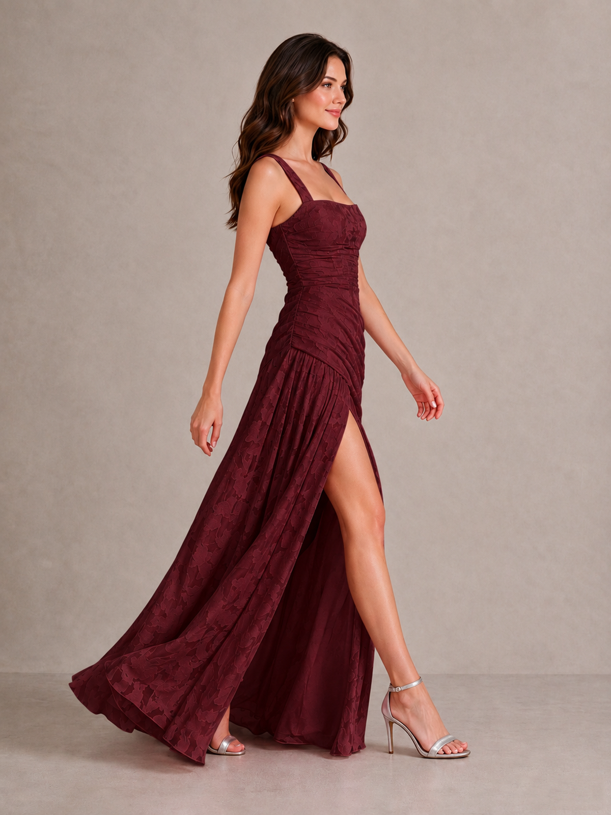 BOLODOO Burgundy Floral Jacquard Bridesmaid Dress with Square Neck, Lace-Up Back & High Slit - Burgundy - Burgundy_3