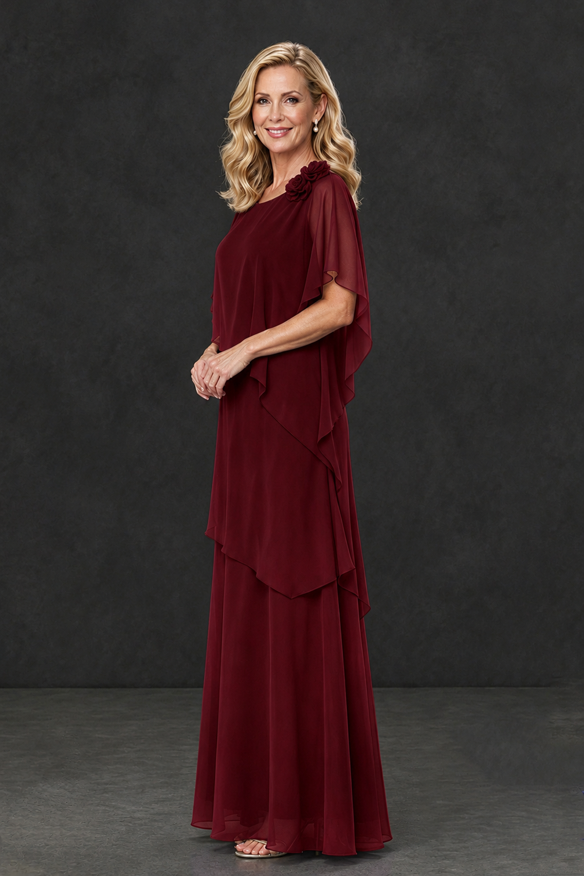 BOLODOO Burgundy Tiered Flutter Sleeve Mother of the Bride Maxi Dress - Burgundy - Burgundy_3