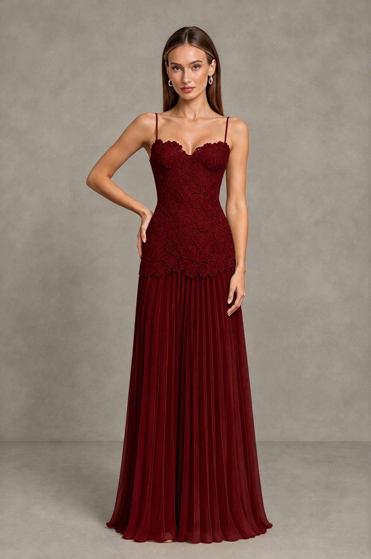 BOLODOO Burgundy Lace Bodice Pleated Wedding Guest Dress - Burgundy - Burgundy_3