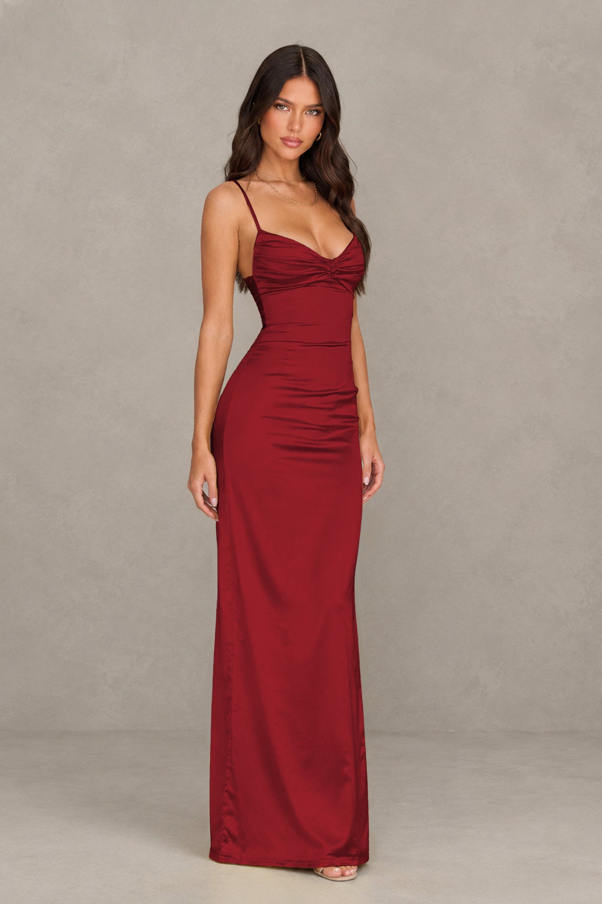 BOLODOO Burgundy Satin Cowl Neck Open Back Mermaid Maxi Dress with Side Slit - Burgundy