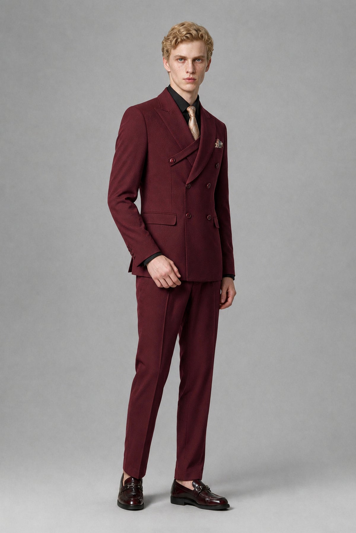 BOLODOO Men's Burgundy Double-Breasted Two-Piece Suit – Jacket & Trousers - Burgundy
