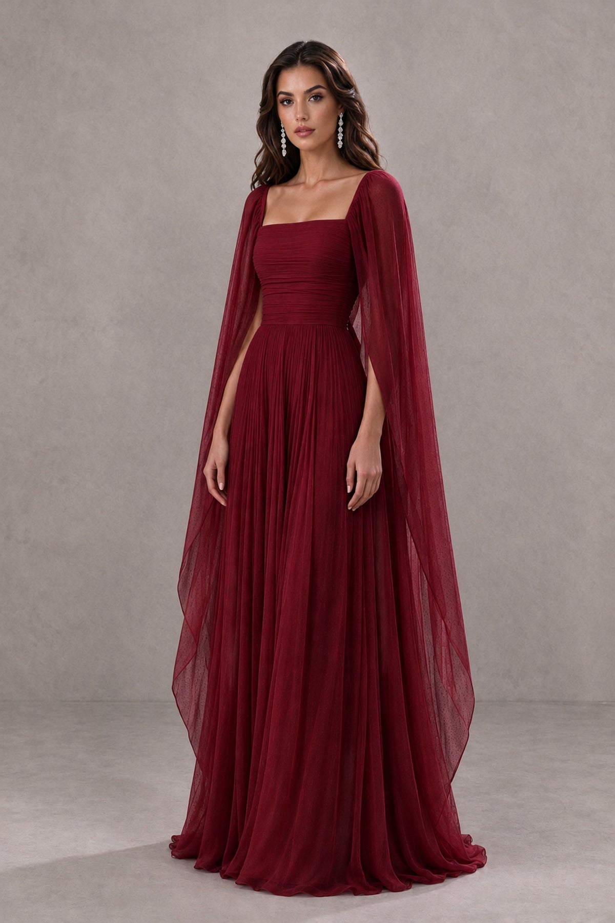 BOLODOO Burgundy Square Neck Cape Sleeve A-Line Evening Dress - Burgundy - Burgundy_3