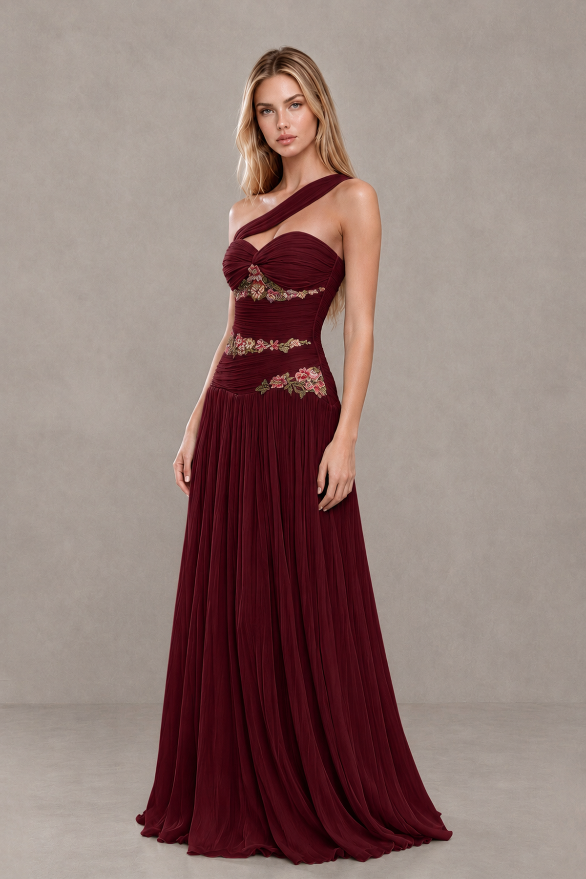 BOLODOO Burgundy One-Shoulder Floral Applique A-Line Evening Dress - Burgundy - Burgundy_3