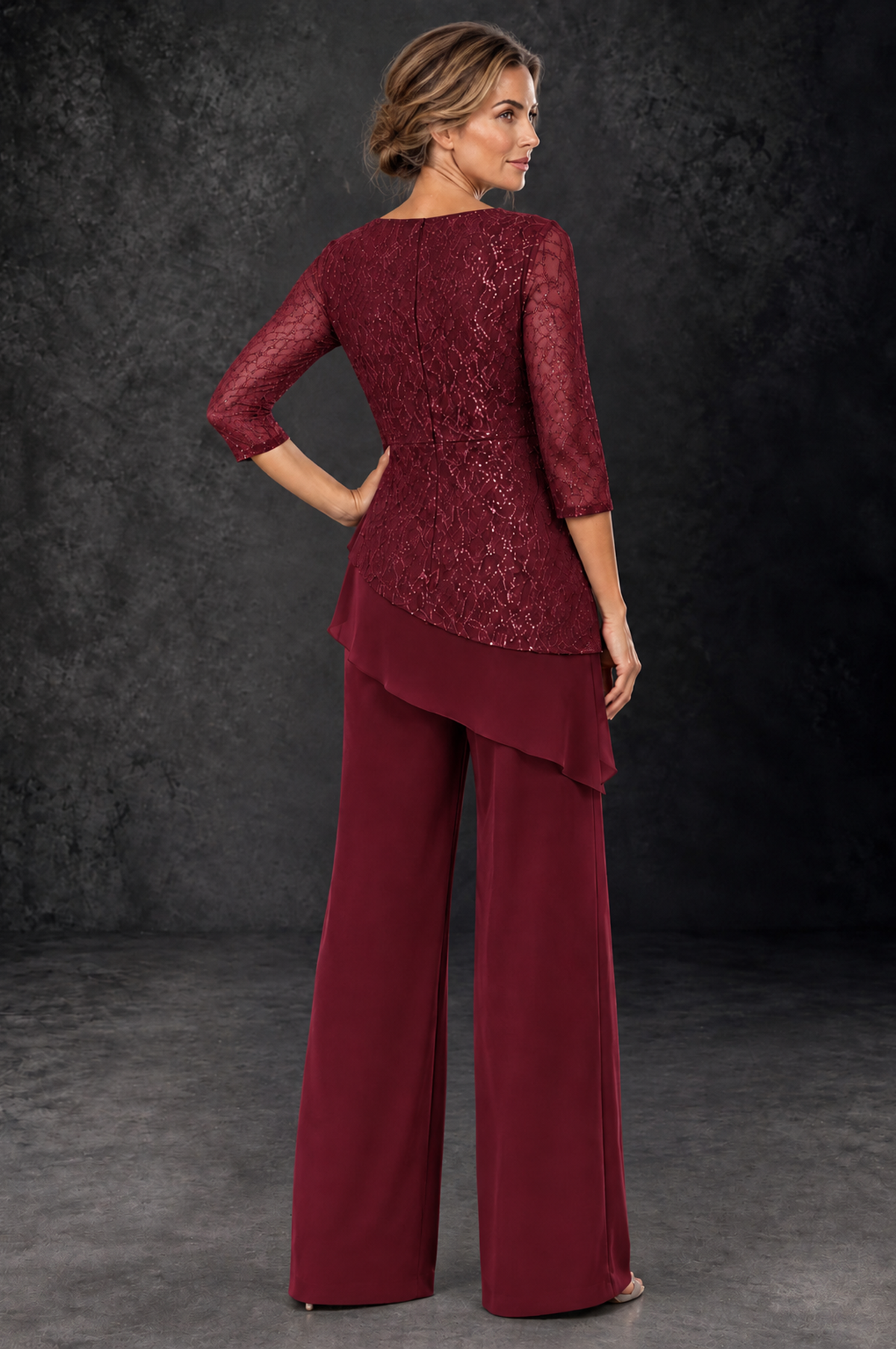 BOLODOO Burgundy Sequin Lace 3/4 Sleeve Chiffon Mother of the Bride Pant Suit - Burgundy - Burgundy_3