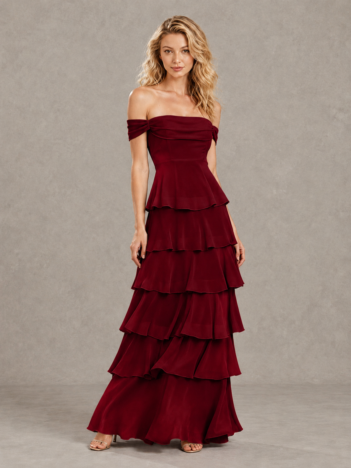 BOLODOO Burgundy Off-Shoulder Tiered Ruffle Bridesmaid Dress with Lace-Up Back - Burgundy - Burgundy_3