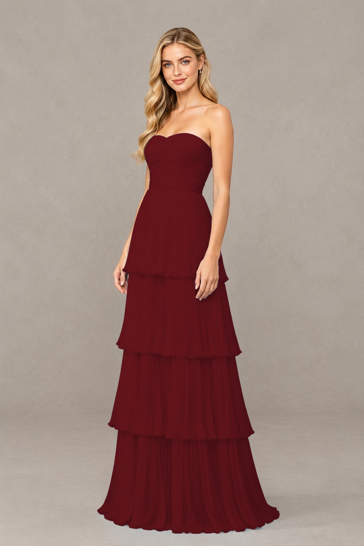 BOLODOO Burgundy Strapless Tiered Chiffon Maxi Dress - Burgundy