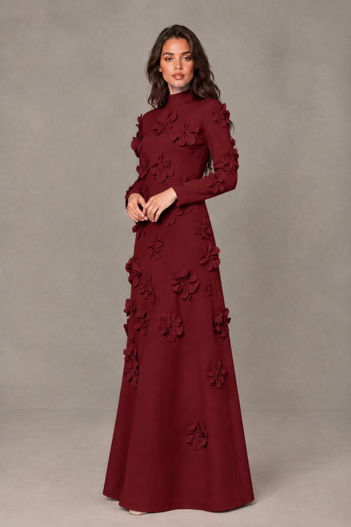 BOLODOO Burgundy High Neck Long Sleeve 3D Floral Evening Gown - Burgundy