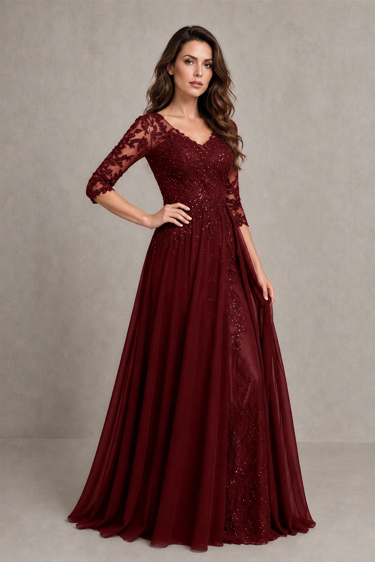 BOLODOO Midnight Burgundy Beaded Lace Appliqué Chiffon A-Line Gown | Mother of the Bride & Formal Evening Dress - Burgundy - Burgundy_3