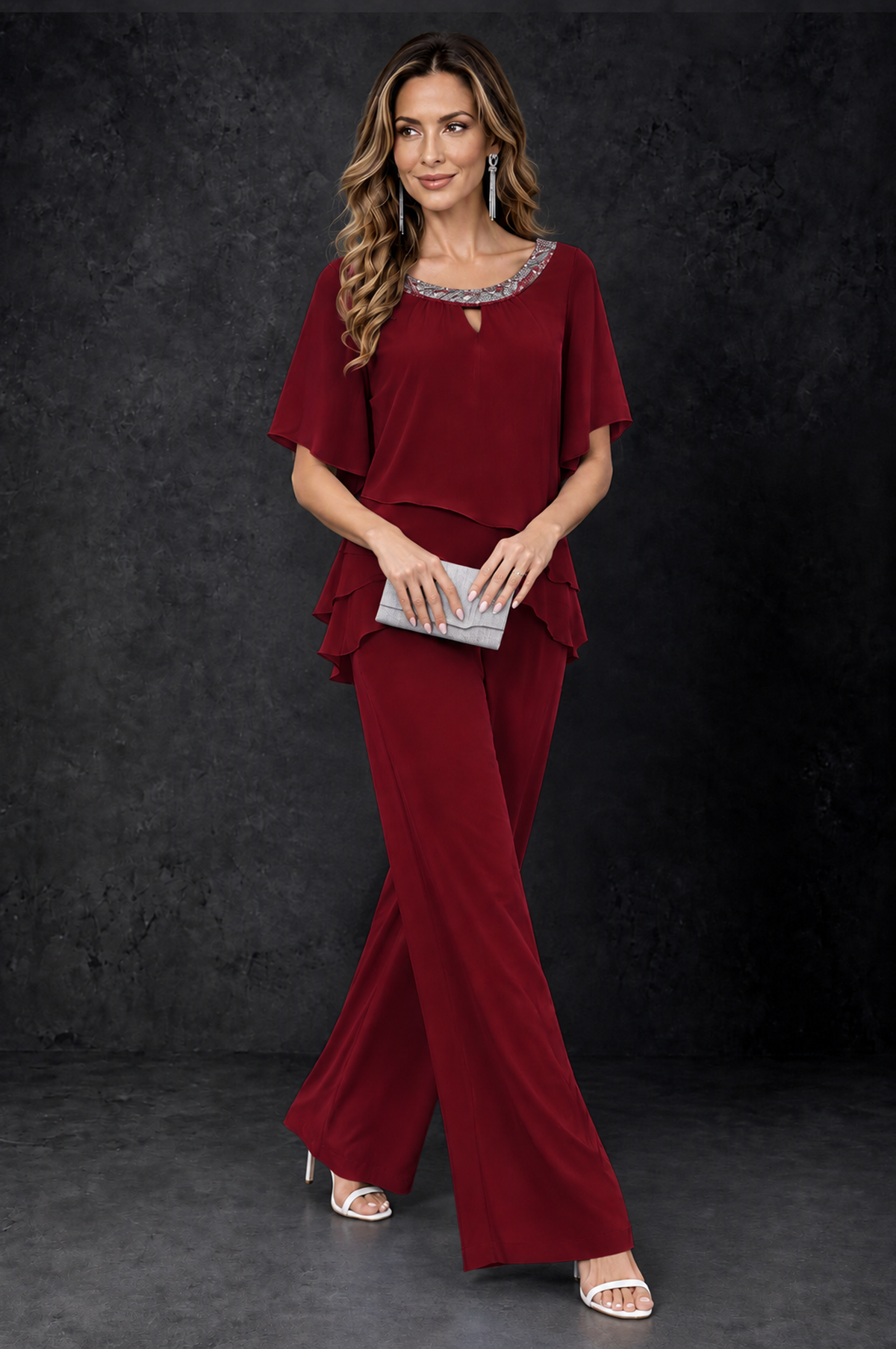 BOLODOO Burgundy Layered Chiffon-Look Mother of the Bride Pantsuit - Burgundy - Burgundy_3