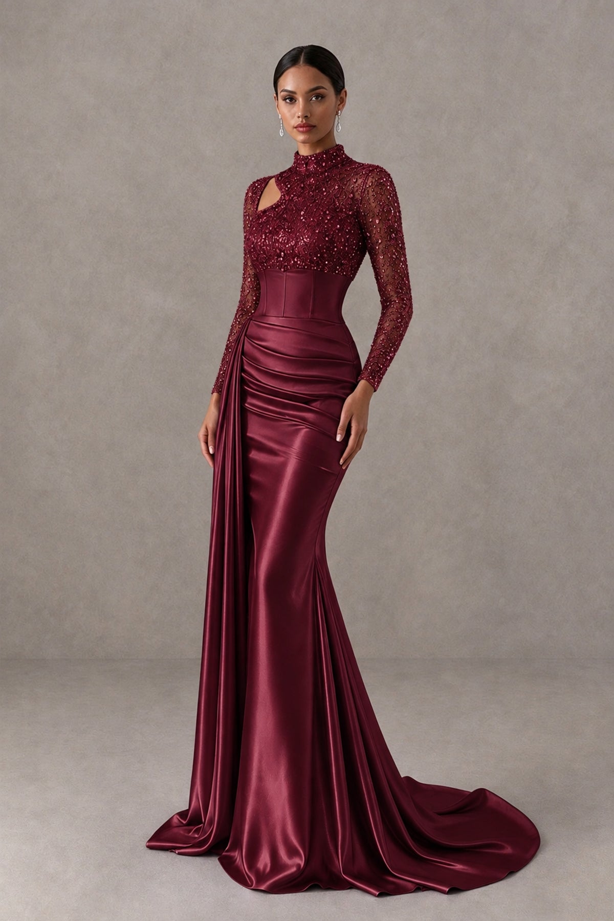 BOLODOO Burgundy Long Sleeve Embellished Satin Mermaid Evening Gown - Burgundy - Burgundy_3