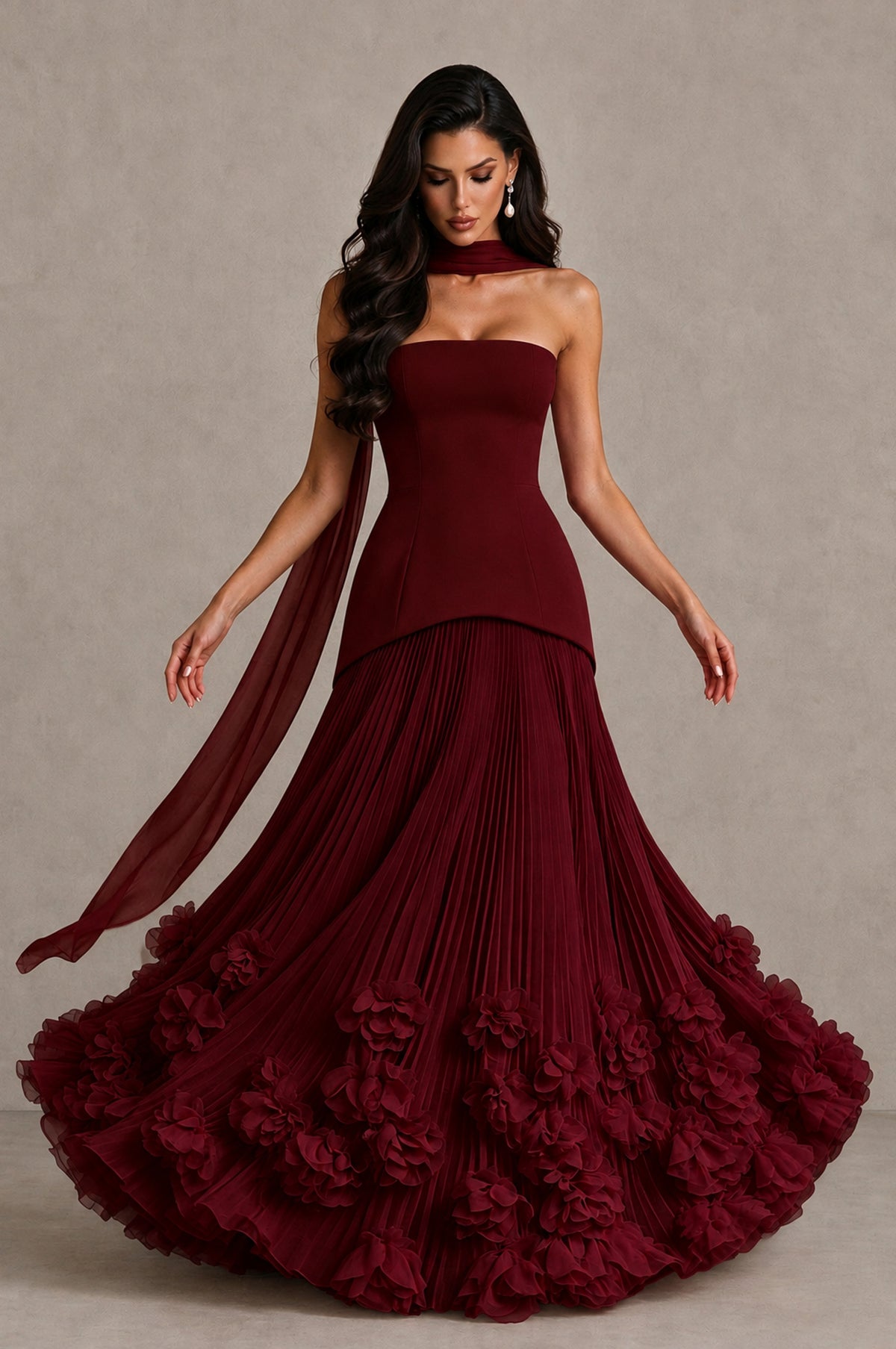 BOLODOO Burgundy Strapless Pleated Floral Hem Evening Gown - Burgundy - Burgundy_3