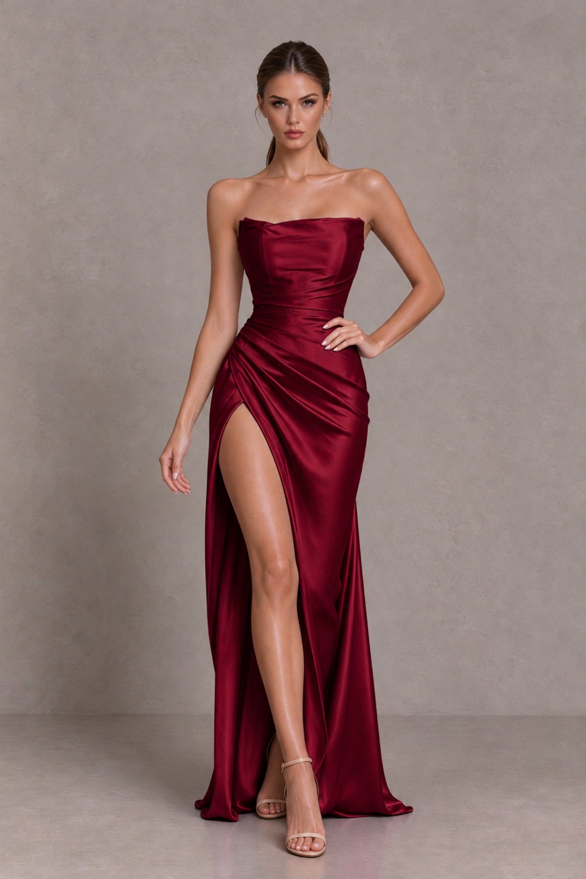 BOLODOO Burgundy Strapless Ruched Satin-Look Evening Dress with High Slit - Burgundy - Burgundy_3