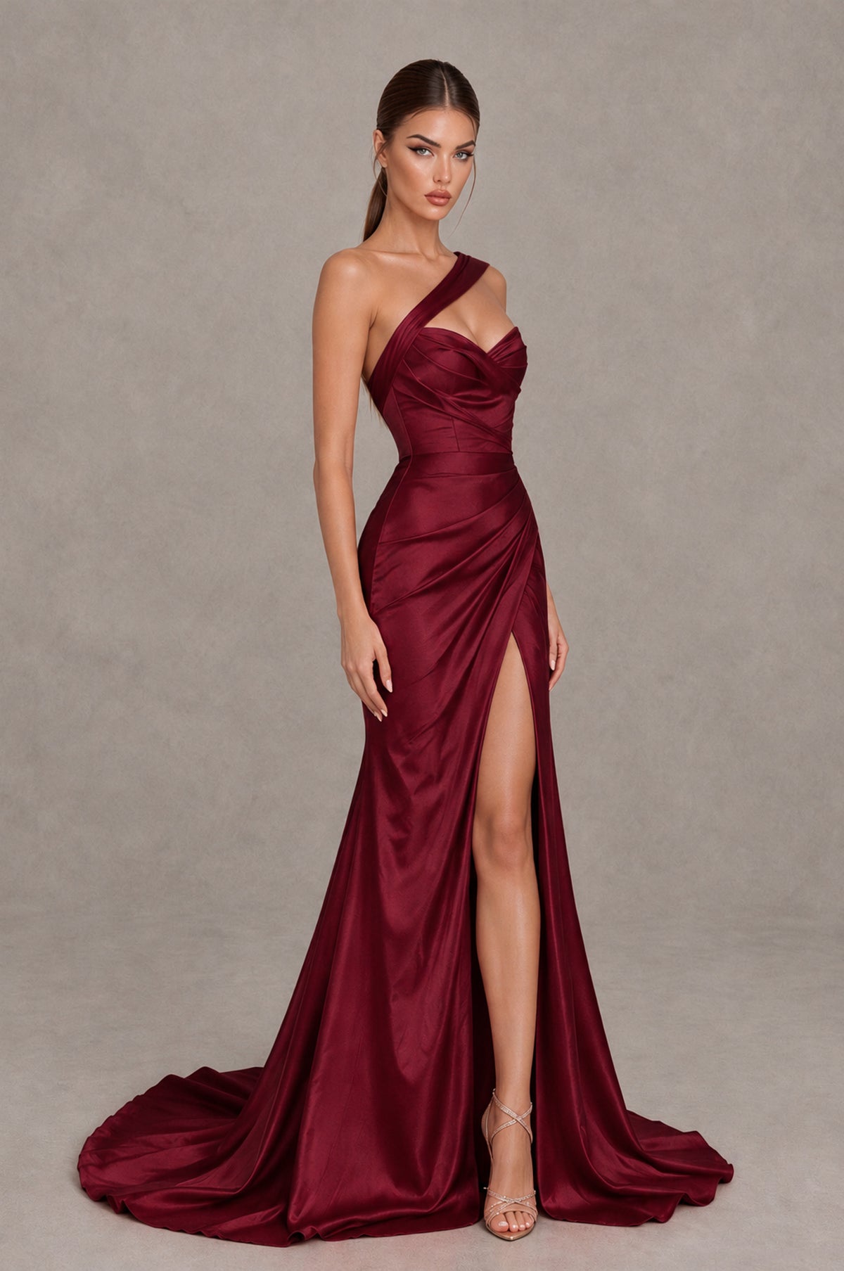 BOLODOO Burgundy One Shoulder Satin Mermaid Evening Dress with Ruched Slit Skirt - Burgundy - Burgundy_3