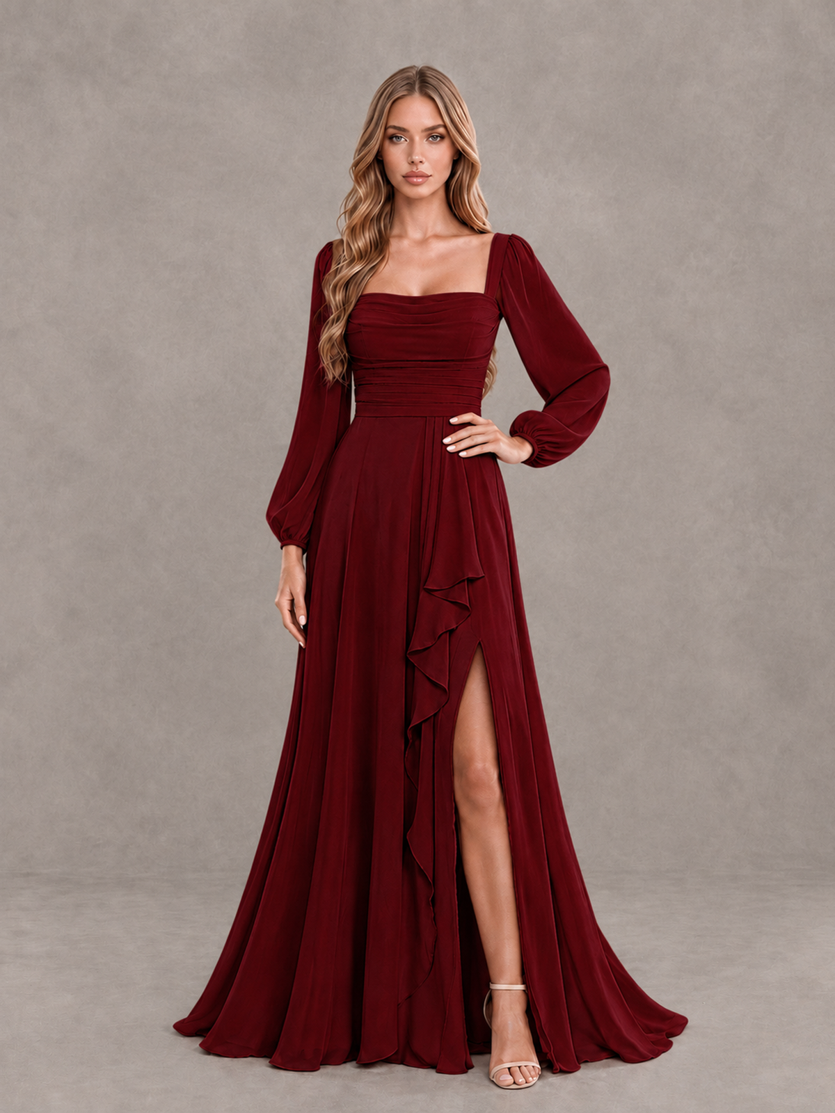 BOLODOO Burgundy Square Neck Long Sleeve Bridesmaid Dress with Ruffle Slit - Burgundy - Burgundy_3